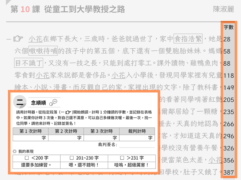 客製化的課文旁，還有字數統計，提供孩子自學時，可以與同學一起練習每分鐘可以讀幾個字，藉由每次練習逐漸進步增加成就感。（資料提供／台東大學教育學系教授陳淑麗）